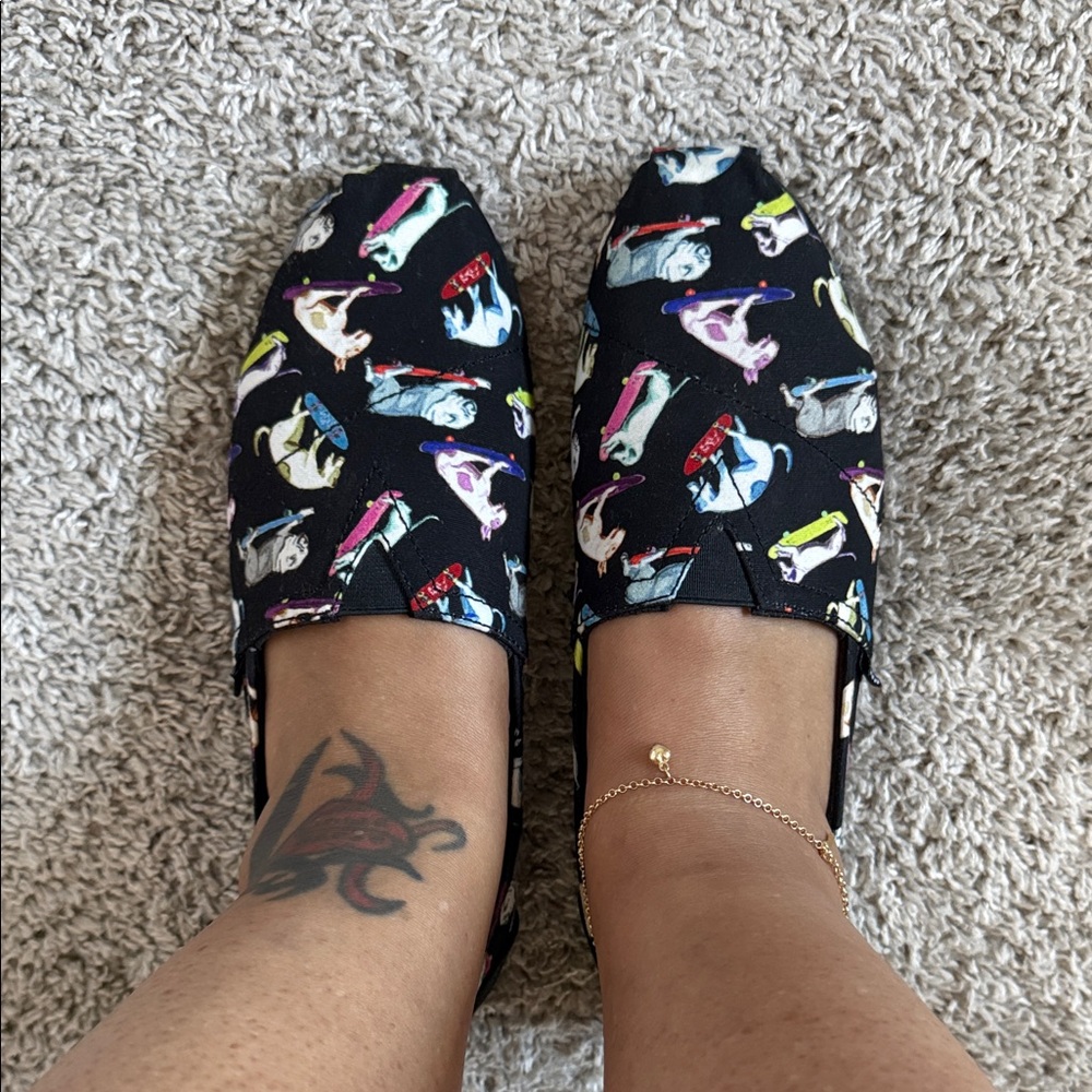 Skechers Bob’s Edition Women's Black Slip-On Flats with Colorful Dog Design